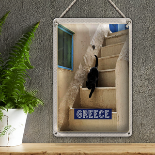 Blechschild Reise 20x30cm Greece Griechenland weiße Treppe Katze