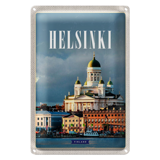 Blechschild Reise 20x30cm Helsinki Finnland Meer Stadt Kirche