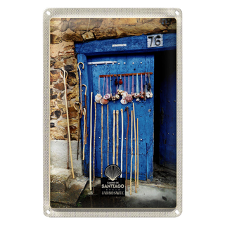 Blechschild Reise 20x30cm Spanien Muscheln blaue Tür Gehstock