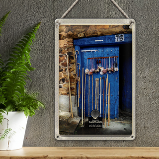 Blechschild Reise 20x30cm Spanien Muscheln blaue Tür Gehstock