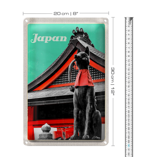 Blechschild Reise 20x30cm Japan Miyajima Tempel Kitsune Statue