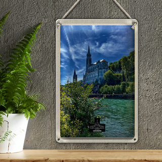 Blechschild Reise 20x30cm Frankreich Lourdes Meer Kirche Natur