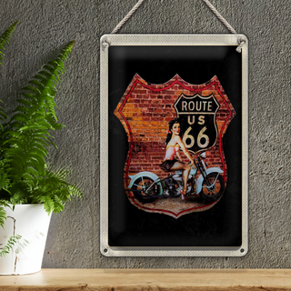 Blechschild Reise 20x30cm USA Amerika Route US 66 Motorrad Frau
