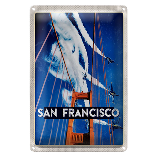 Blechschild Reise 20x30cm San Francisco Brücke Flugzeug Himmel