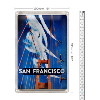 Blechschild Reise 20x30cm San Francisco Brücke Flugzeug Himmel
