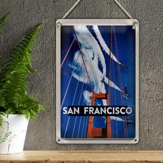Blechschild Reise 20x30cm San Francisco Brücke Flugzeug Himmel