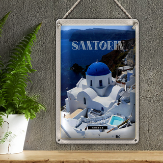 Blechschild Reise 20x30cm Santorini Greece Gebäude weiß blau