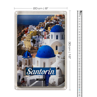 Blechschild Reise 20x30cm Santorini Greece Stadt weiß blau