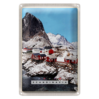 Blechschild Reise 20x30cm Skandinawien Schnee Häuser Gebirge
