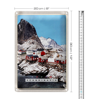 Blechschild Reise 20x30cm Skandinawien Schnee Häuser Gebirge