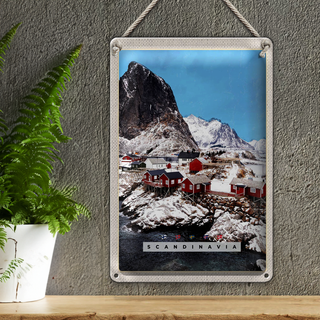 Blechschild Reise 20x30cm Skandinawien Schnee Häuser Gebirge