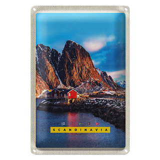 Blechschild Reise 20x30cm Skandinawien Gebirge Meer rote Häuser