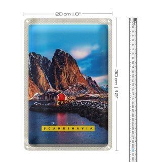Blechschild Reise 20x30cm Skandinawien Gebirge Meer rote Häuser