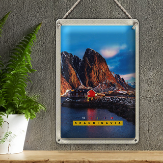 Blechschild Reise 20x30cm Skandinawien Gebirge Meer rote Häuser