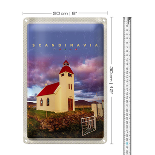 Blechschild Reise 20x30cm Skandinawien Haus rot Dach Wiese Natur