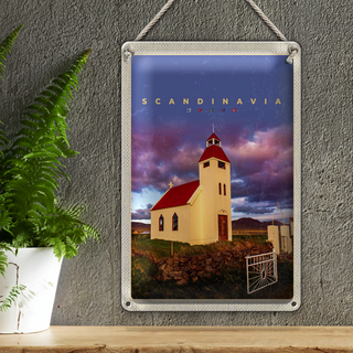 Blechschild Reise 20x30cm Skandinawien Haus rot Dach Wiese Natur