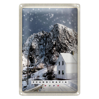 Blechschild Reise 20x30cm Skandinawien Schnee Winter Berg Haus