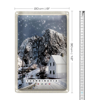 Blechschild Reise 20x30cm Skandinawien Schnee Winter Berg Haus