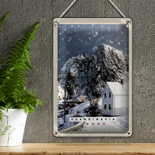 Blechschild Reise 20x30cm Skandinawien Schnee Winter Berg Haus