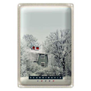 Blechschild Reise 20x30cm Skandinawien Schnee Weiß Natur Haus