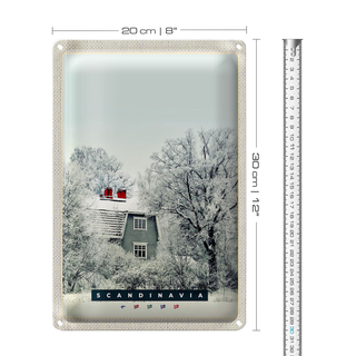 Blechschild Reise 20x30cm Skandinawien Schnee Weiß Natur Haus
