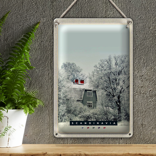 Blechschild Reise 20x30cm Skandinawien Schnee Weiß Natur Haus