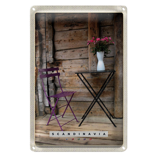 Blechschild Reise 20x30cm Skandinawien Terasse Stuhl Tisch Blume
