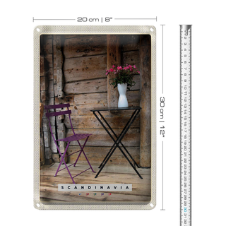 Blechschild Reise 20x30cm Skandinawien Terasse Stuhl Tisch Blume