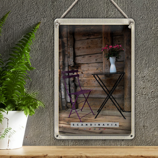Blechschild Reise 20x30cm Skandinawien Terasse Stuhl Tisch Blume
