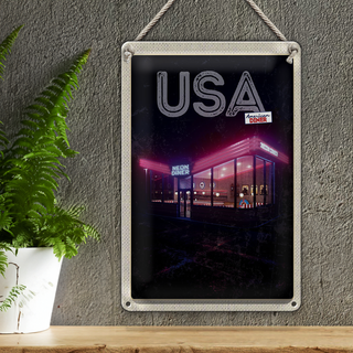 Blechschild Reise 20x30cm Amerika Diner Restaurant bei Nacht Schild
