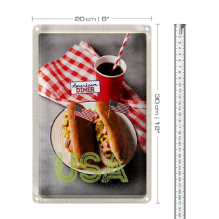 Blechschild Reise 20x30cm Amerika USA Hot Dog Gurken Senf Cola