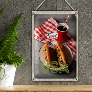 Blechschild Reise 20x30cm Amerika USA Hot Dog Gurken Senf Cola