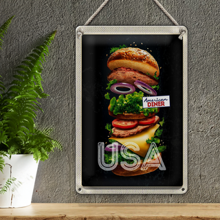 Blechschild Reise 20x30cm Amerika USA Burger Tomaten Gemälde