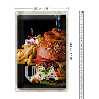 Blechschild Reise 20x30cm USA Burger Pommes Zwiebelringe essen