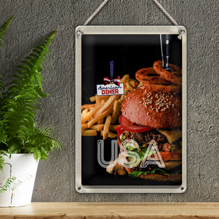Blechschild Reise 20x30cm USA Burger Pommes Zwiebelringe essen