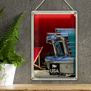 Blechschild Reise 20x30cm Amerika Oldtimer blau silber Urlaub
