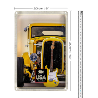 Blechschild Reise 20x30cm Amerika Oldtimer gelb Auto Gitarre