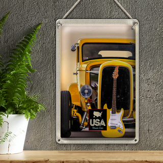 Blechschild Reise 20x30cm Amerika Oldtimer gelb Auto Gitarre