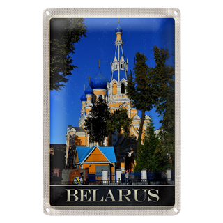 Blechschild Reise 20x30cm Berlarus Europa Archiektur blau beige in sign