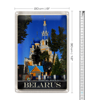 Blechschild Reise 20x30cm Berlarus Europa Archiektur blau beige in sign