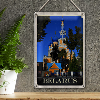 Blechschild Reise 20x30cm Berlarus Europa Archiektur blau beige in sign