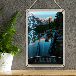 Blechschild Reise 20x30cm Kanada Winter Schnee Natur Wald Fluss