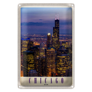 Blechschild Reise 20x30cm Chicago Amerika USA Hochhaus Abend