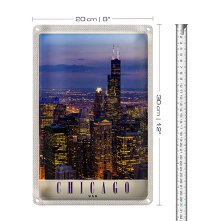 Blechschild Reise 20x30cm Chicago Amerika USA Hochhaus Abend