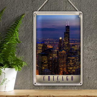 Blechschild Reise 20x30cm Chicago Amerika USA Hochhaus Abend