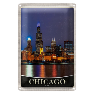 Blechschild Reise 20x30cm Chicago USA Amerika Abend am Meer