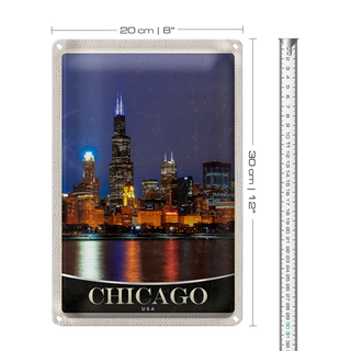 Blechschild Reise 20x30cm Chicago USA Amerika Abend am Meer