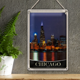 Blechschild Reise 20x30cm Chicago USA Amerika Abend am Meer
