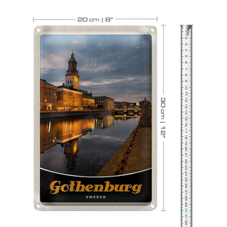 Blechschild Reise 20x30cm Götheburg Schweden Abend Architektur