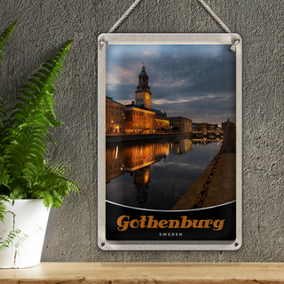 Blechschild Reise 20x30cm Götheburg Schweden Abend Architektur